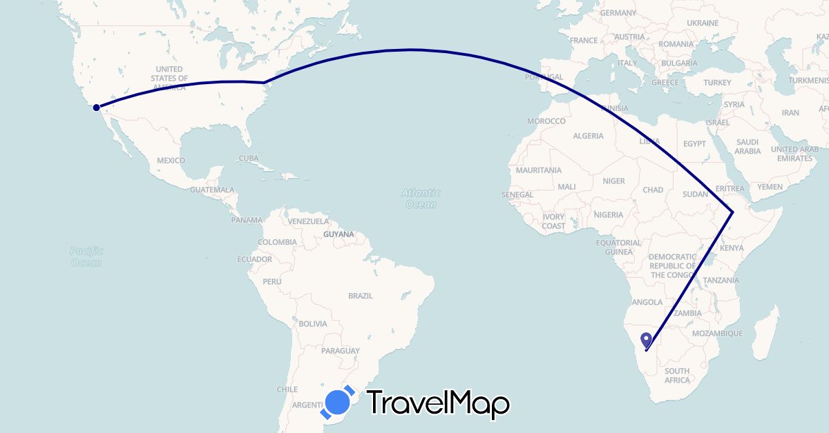 TravelMap itinerary: driving in Ethiopia, Namibia, United States (Africa, North America)